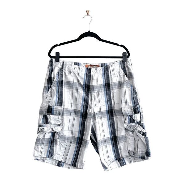 LEE Dungarees Mens Cargo Plaid Casual Flat Front Shorts Blue White Size 36 - Picture 1 of 9